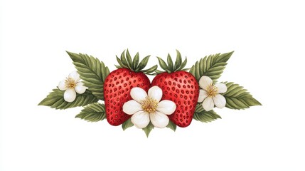 Beautiful Strawberry Illustration with Flowers and Green Leaves