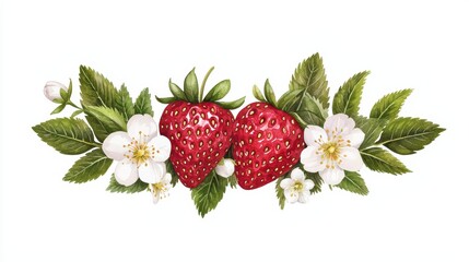 Fresh Strawberries and Blossoms Arrangement on White Background