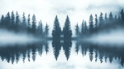 Fototapeta premium Misty Lake Reflection: A Serene Forest Escape