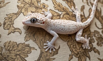 Fototapeta premium Leopard Gecko Resting on Ornate Fabric