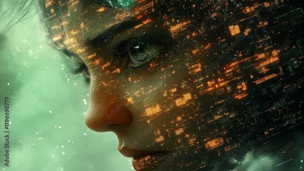 Aufkleber a close-up of a female face with intricate, glowing digital elements overlaying her features, repres