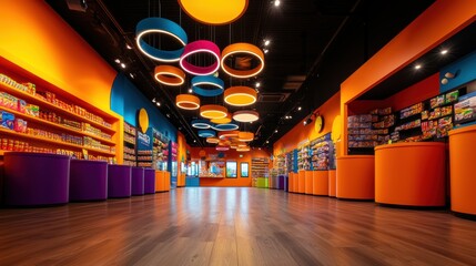 A vibrant retail space featuring colorful decor, playful ceiling lights, and organized shelves showcasing a variety of products.