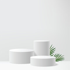 Modern Minimalist White Pedestal Display with Tropical Palm Leaf. Vector