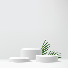 Modern Minimalist White Pedestal Display with Tropical Palm Leaf. Vector