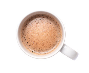 Cup of hot chocolate drink isolated on transparent background. Top view. Flat lay.