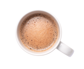 Cup of hot chocolate drink isolated on transparent background. Top view. Flat lay.