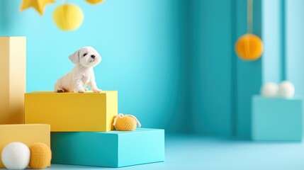 A cute puppy sits atop colorful blocks in a playful, bright setting, surrounded by soft shapes, creating a cheerful and whimsical atmosphere.