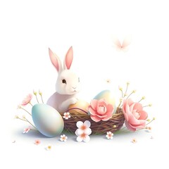 Obraz premium Easter Bunny in Nest: An adorable white bunny sits amidst pastel Easter eggs and delicate pink blossoms nestled in a charming bird's nest. A touch of spring magic.
