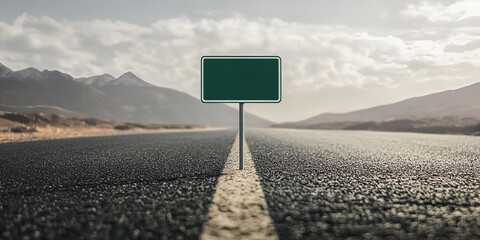 Blank Green Highway Sign on Scenic Mountain Road