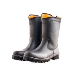 Waterproof black rubber boots with orange lining on a dark background.