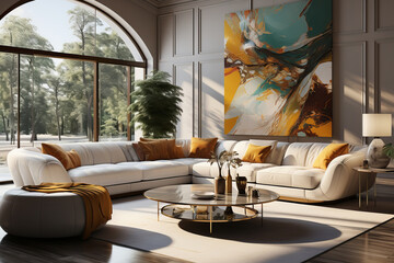 Bright living room featuring a white sectional sofa, mustard yellow accents, a round glass coffee table, large arched windows, and vibrant abstract wall art.
