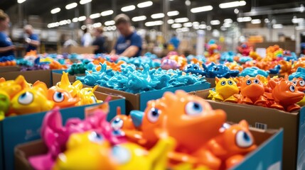 Obraz premium Colorful plastic toys arranged in boxes, showcasing a vibrant assortment of fish-shaped designs in a warehouse setting, with people working in the background.