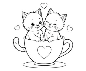 Enamored cats in a cup. Coloring book page for kids. Valentine's Day