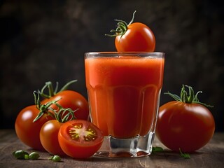 Tomato juice. Fresh red tomato detox juice in glass. Homemade tomato juice.
