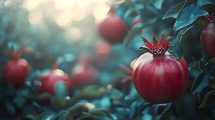 Pomegranate one type of four species in a plantation on trees With copyspace for text