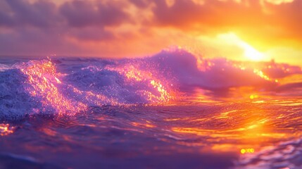 Fototapeta premium Fiery Sunset Ocean Waves: A breathtaking view of the ocean waves glowing with the colors of the sunset. 