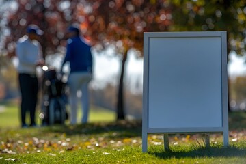 Blank Yard Sign on Golf Course with Blurred Golfers in Background During Autumn Tournament