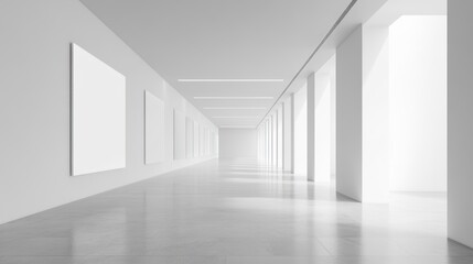 Fototapeta premium Modern Minimalist White Gallery Corridor, Blank Canvases and Architectural Design