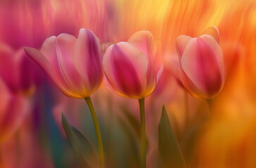 Fototapeta premium Vibrant tulips in full bloom under the warm sunlight, showcasing red, yellow, and purple petals with intricate textures, set against a lush green grass background