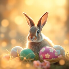 Easter Bunny and Eggs: An adorable brown bunny sits amidst a nest of colorful Easter eggs, bathed in the warm glow of sunrise.  A perfect image for Easter cards, spring decorations.