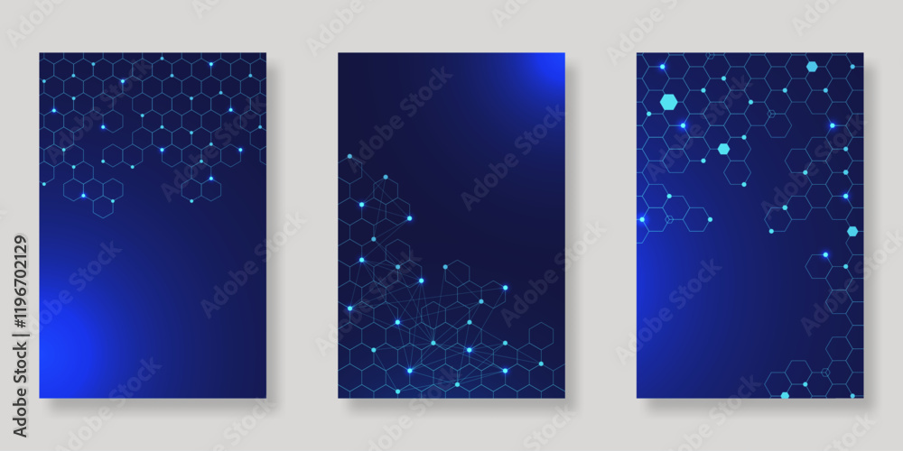 Poster set of abstract futuristic hexagon for network technology, digital data and science concept on dark 