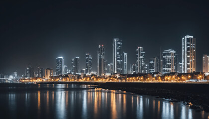 Obraz premium Modern town skyline at night showcasing illuminated buildings, reflections of buildings in the sea. 