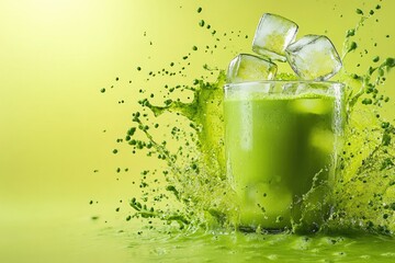 Refreshing green beverage splashes with ice cubes, showcasing vi