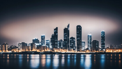 Fototapeta premium Modern town skyline at night showcasing illuminated buildings, reflections of buildings in the sea. 