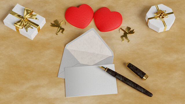 Illustrazione 3D. Biglietto di auguri in occasione di San Valentino. Scrivere con la penna il proprio amore alla propria amata. I cuori ed il cono simboli d'amore.