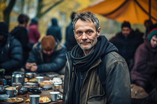 Happy homeless person eating in the shelter's dining room, surrounded by other homeless people. He looks to the future with hope and positivity. Close-up.