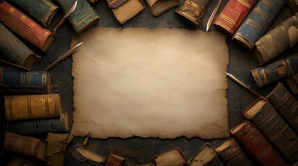 Antique Books and Quill Pens Surrounding Aged Parchment Paper