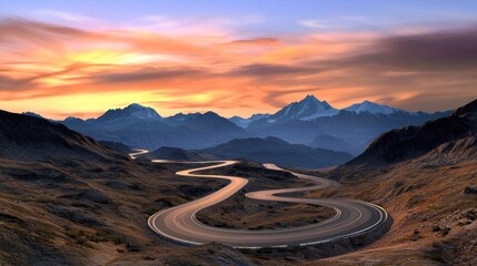 A winding road through mountainous terrain at sunset.