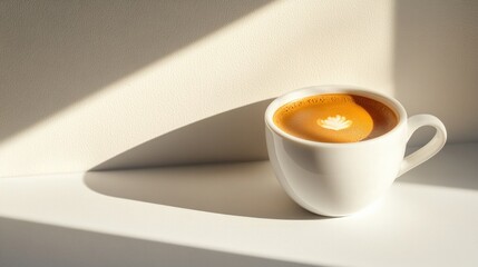 Warm coffee cup on minimalist surface, dramatic shadows enhancin