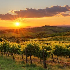 Fototapeta premium Sunset over rolling hills and vineyard.