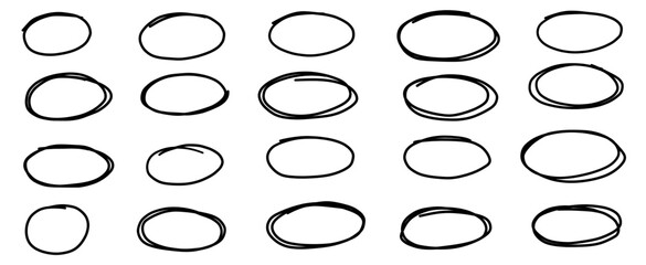Hand written sketchy doodle circle oval highlight elements important information graffiti brush set.