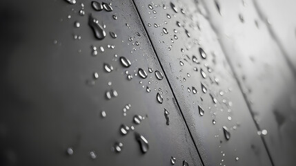 close-up of water droplets on a black surface, showcasing shiny condensation and reflections, creating an abstract and atmospheric texture in grey tones