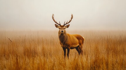 Fototapeta premium Majestic stag in a foggy field