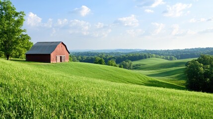 Scenic view of a red barn on rolling green hills under a blue sky.