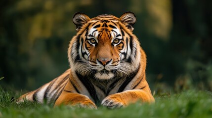 Majestic tiger resting in lush green grass.