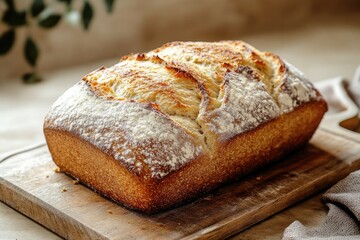 Golden-brown loaf resting on wooden board, showcasing crusty tex