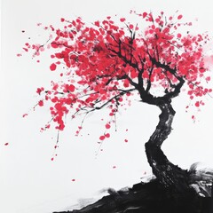 Traditional Chinese Art Style Tree with Vibrant Colored Petals Emerging from a Dark Ground on a White Background