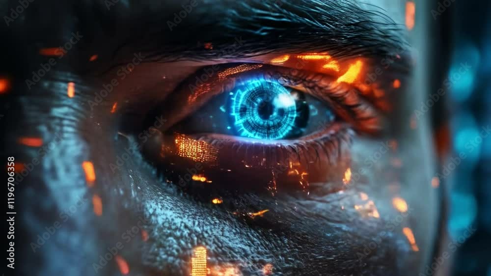 Poster a detailed close-up of a human eye embedded with cybernetic technology, showcasing intricate digital