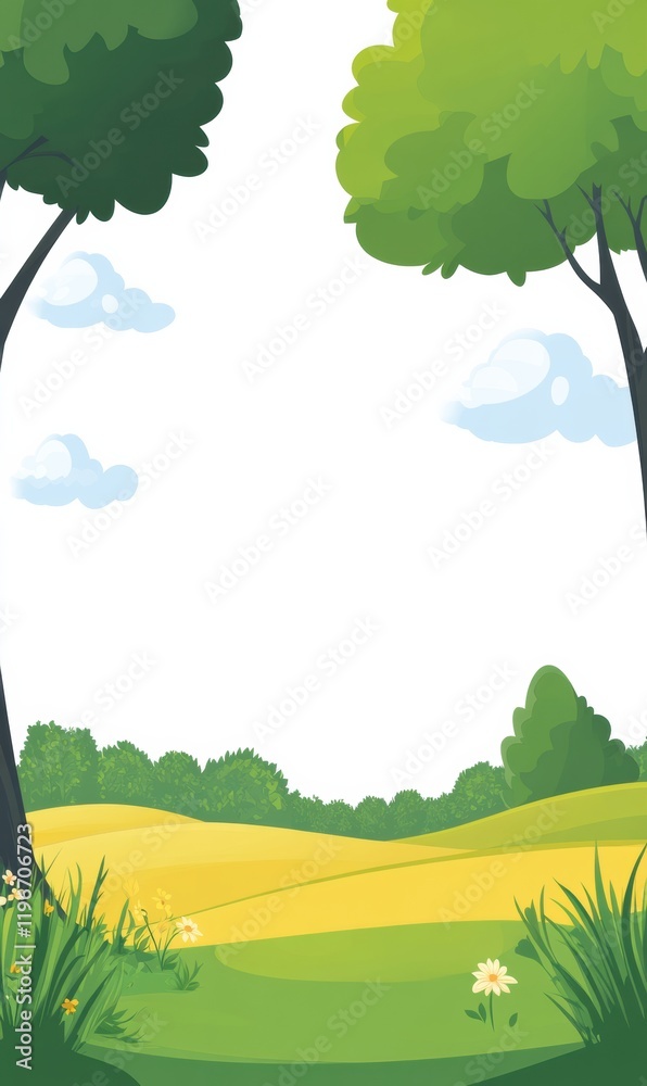 Aufkleber Bright and airy landscape with lush trees and open fields providing ample space for creative text placement. Generative AI