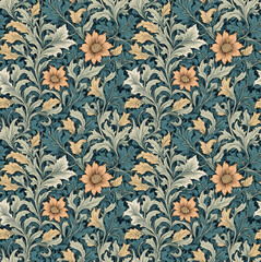 Seamless floral pattern with intricate leaves and flowers in earthy colors on a dark background