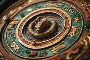 Fototapeta premium Ornate circular carving; central dragon, swirling patterns.