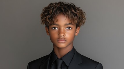A young individual stands posing with a serious expression, wearing a sleek black suit and tie. The neutral background enhances the focus on their attire and demeanor, showcasing elegance