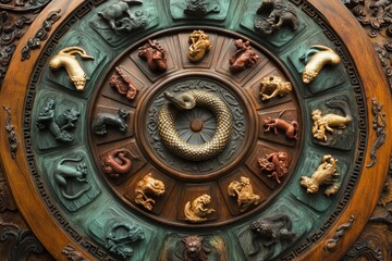 Obraz premium Circular wood carving; twelve animal figures; ornate frame.