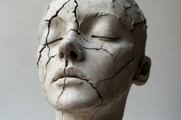 Cracked clay head sculpture, eyes closed, serene.