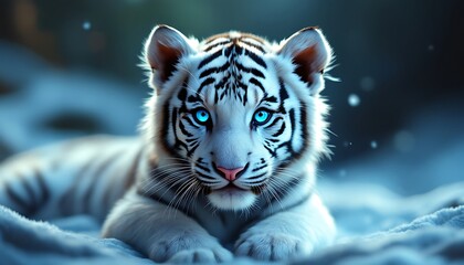 Obraz premium White Tiger Cub Blue Eyes Snowy Scene Winter Night