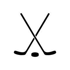 Crossed ice hockey stick and puck silhouette icon vector illustration design on white background.